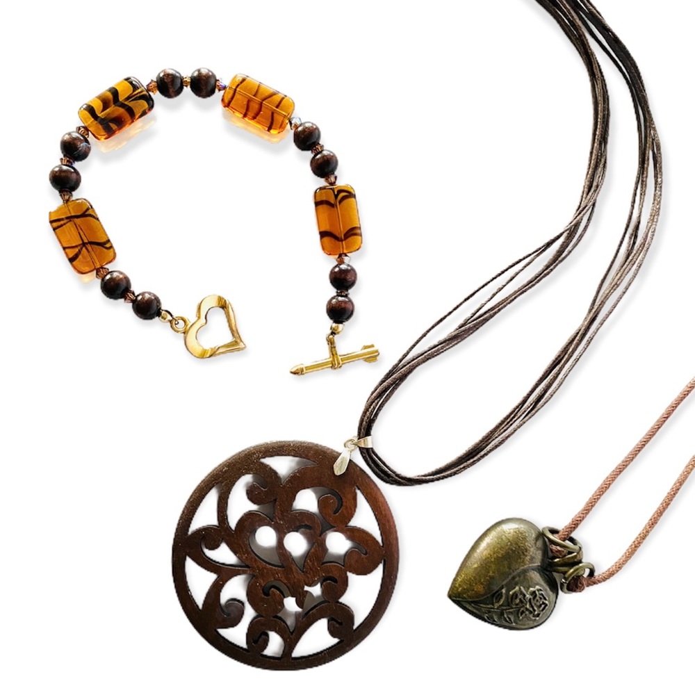 TRIO SET of PENDANTS & BRACELET | NEUTRAL BROWN PALLET | HEARTS & TREE O…